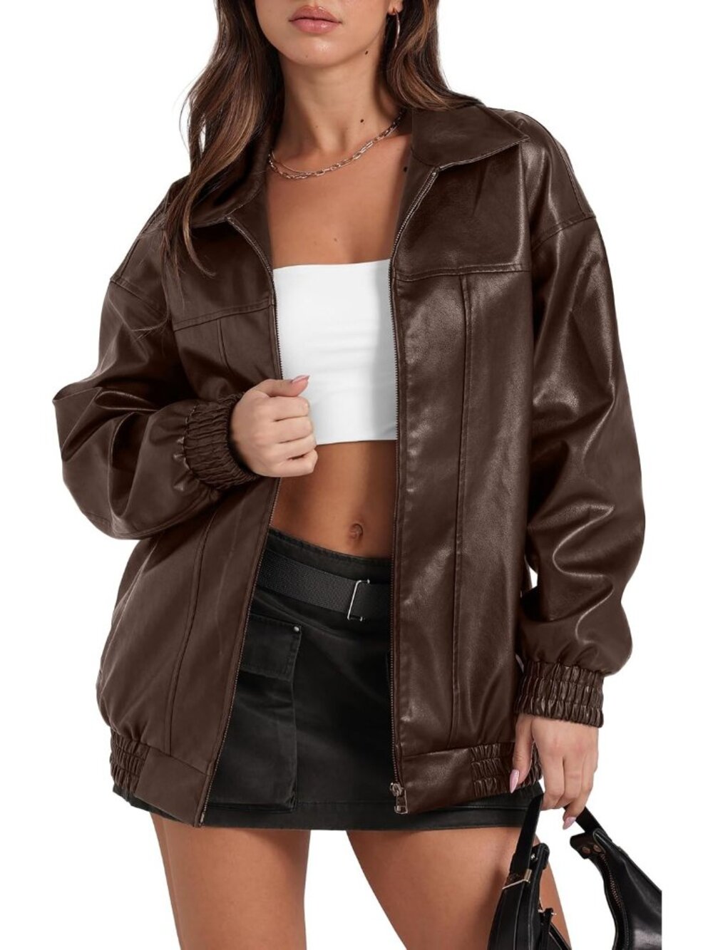 Women's Brown Leather Jacket Oversized Motorcycle Bomber Coats Fashion Outfits